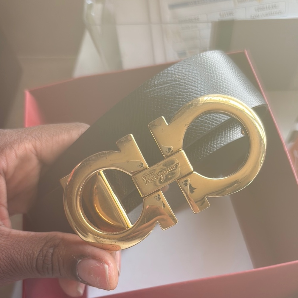Salvatore Ferragamo Black and Gold Gancini Belt